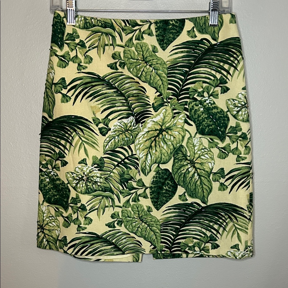 Muse Green Tropical Leaf Beaded Pencil Skirt